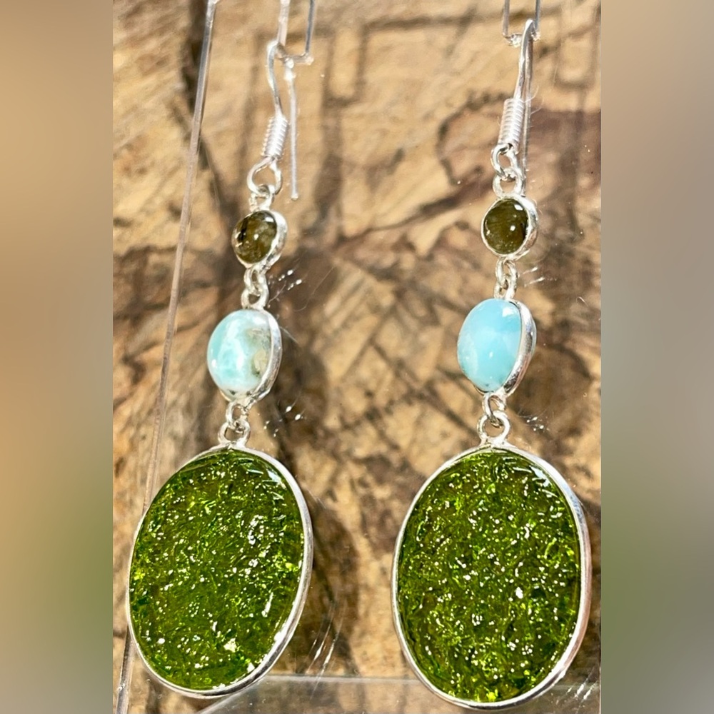Labradorite & Caribbean Larimar Earrings 2 1/2” - Picture 3 of 10